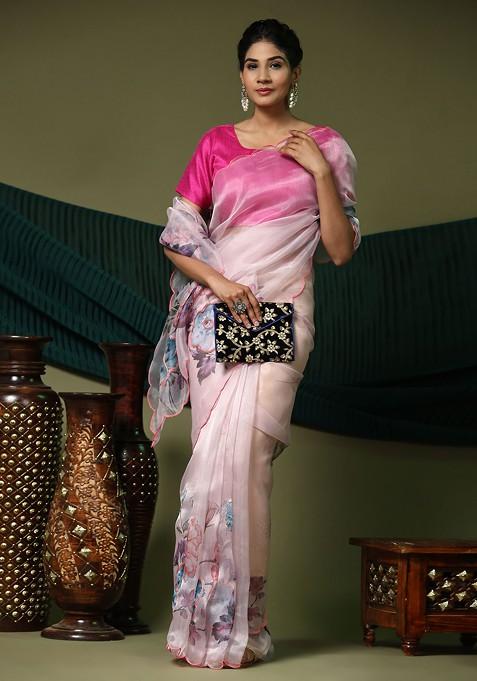 Pink Hand Embroidered Organza Saree Set