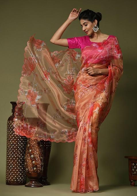 Orange Hand Embroidered Organza Saree Set