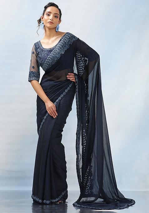 Navy Blue Embroidered Georgette Saree Set