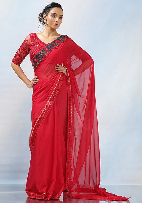 Red Embroidered Georgette Saree Set