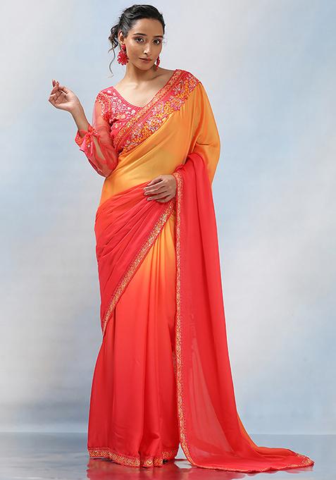 Orange Embroidered Rangoli Silk Saree Set