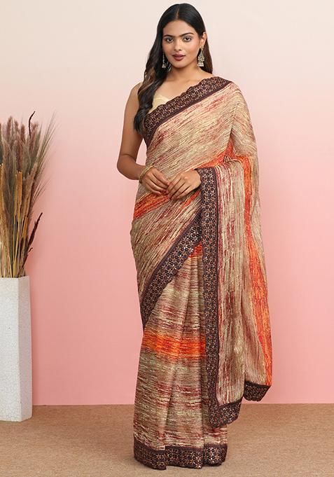 Beige Embroidered Poly Georgette Saree Set