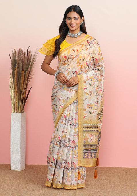 Yellow Embroidered Cotton Blend Saree Set