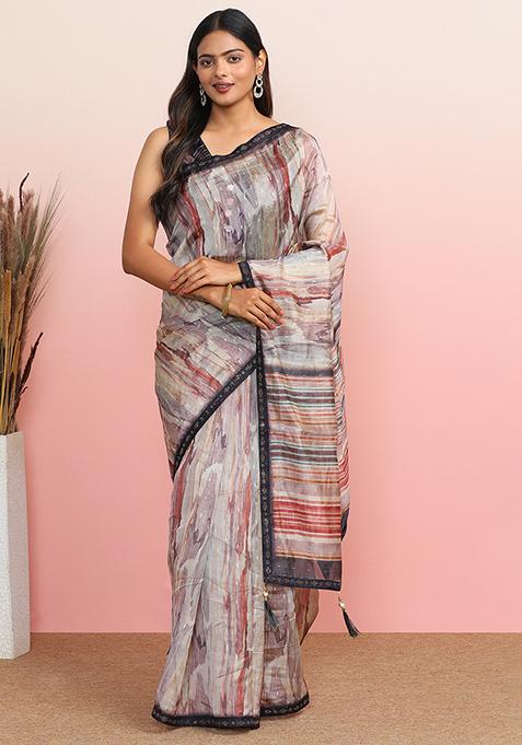 Grey Embroidered Cotton Blend Saree Set