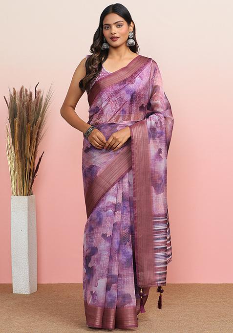 Purple Embroidered Cotton Blend Saree Set