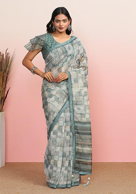 Rama Blue Embroidered Cotton Blend Saree Set