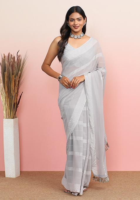 Grey Embroidered Georgette Saree Set