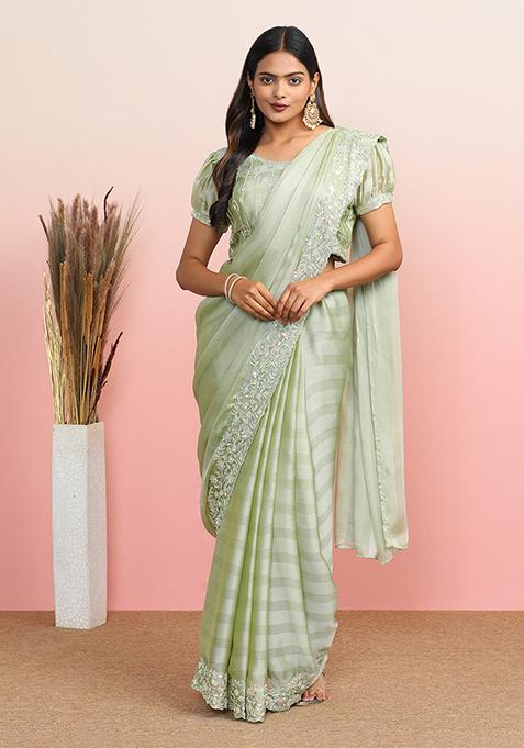 Light Green Embroidered Chiffon Saree Set