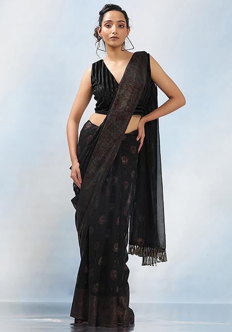 Black Embroidered Georgette Saree Set