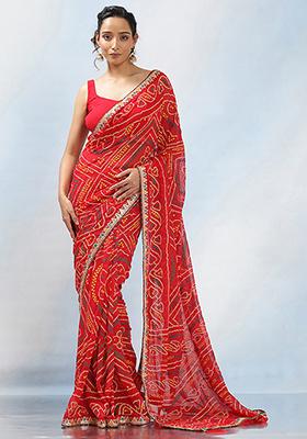 Red Printed Georgette Saree Set