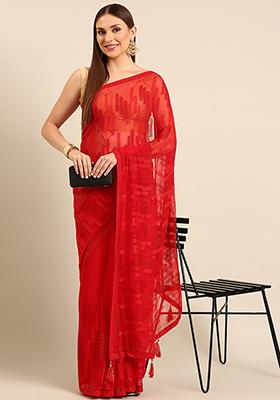 Red Embroidered Georgette Saree Set