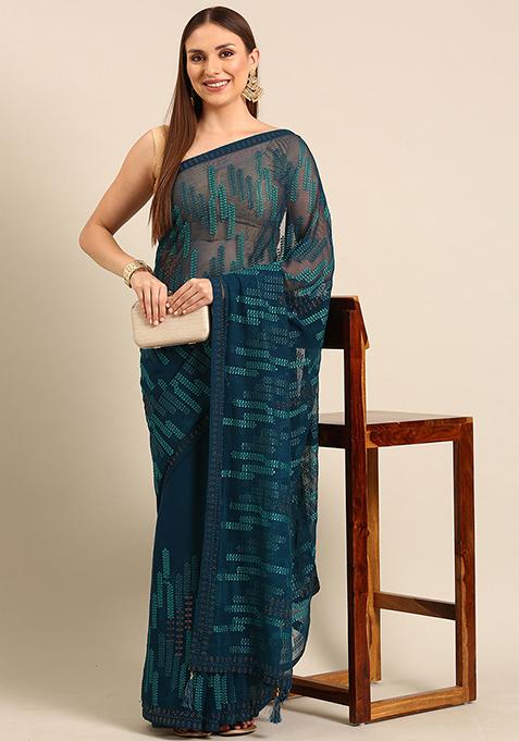 Blue Embroidered Georgette Saree Set