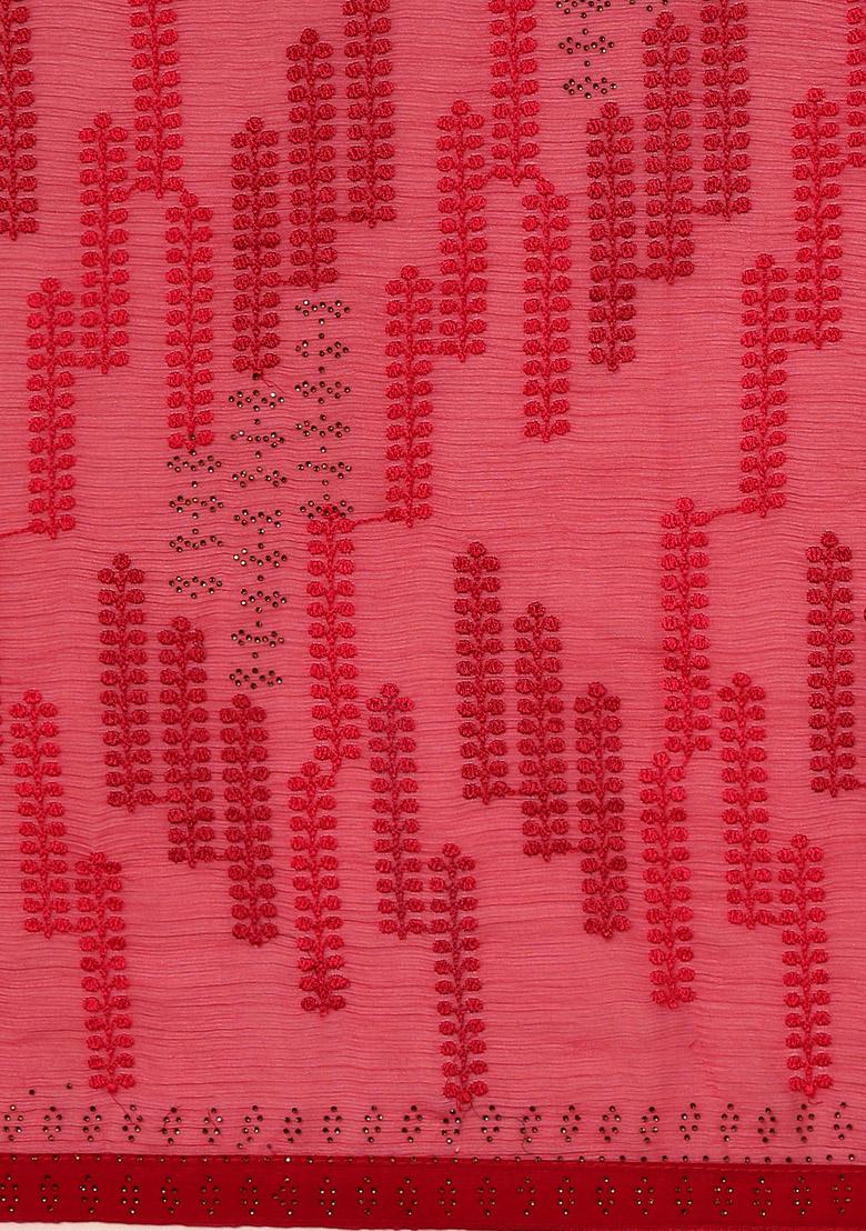 Cherry Red Embroidered Georgette Saree Set