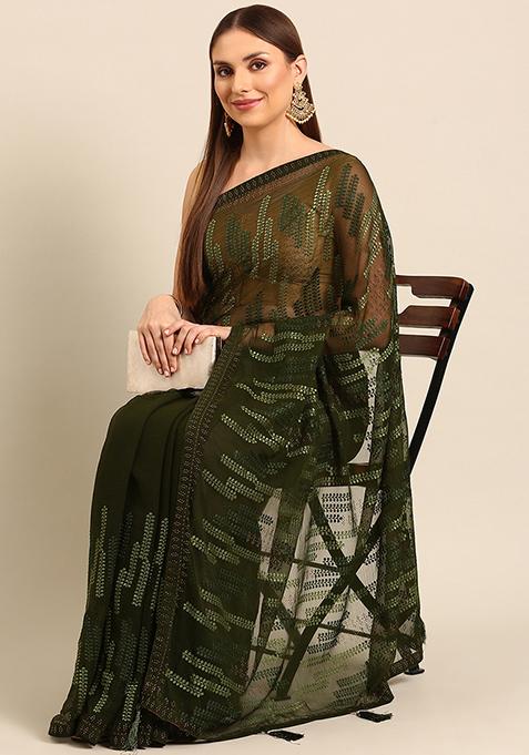 Olive Embroidered Georgette Saree Set