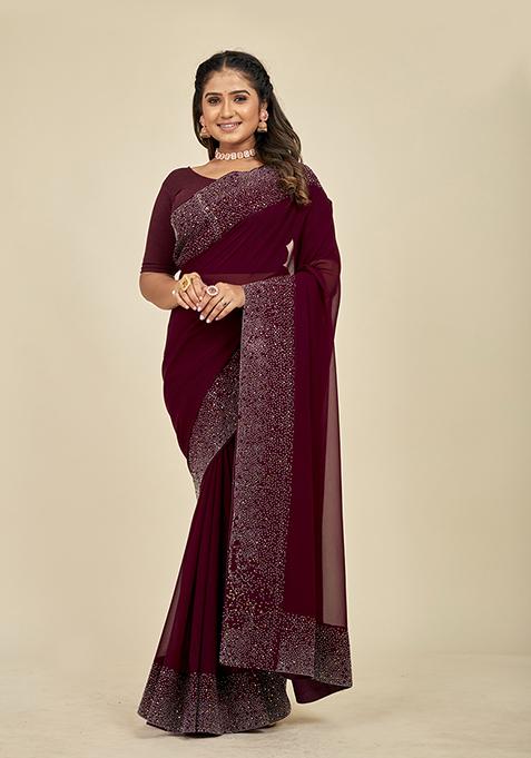 Maroon Embellished Georgette Saree Set