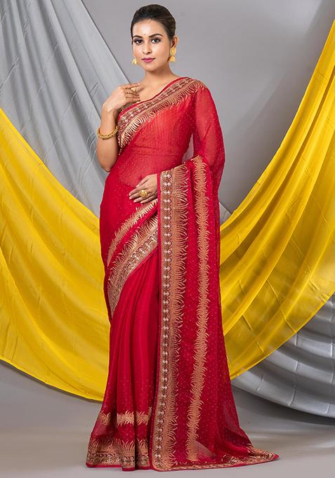 Red Embroidered Chiffon Saree Set