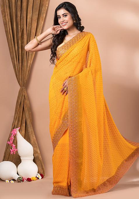 Yellow Embroidered Georgette Saree Set