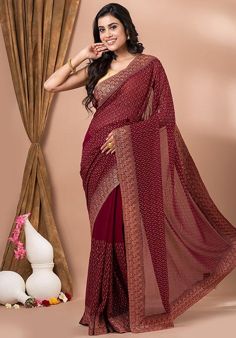 Maroon Embroidered Georgette Saree Set