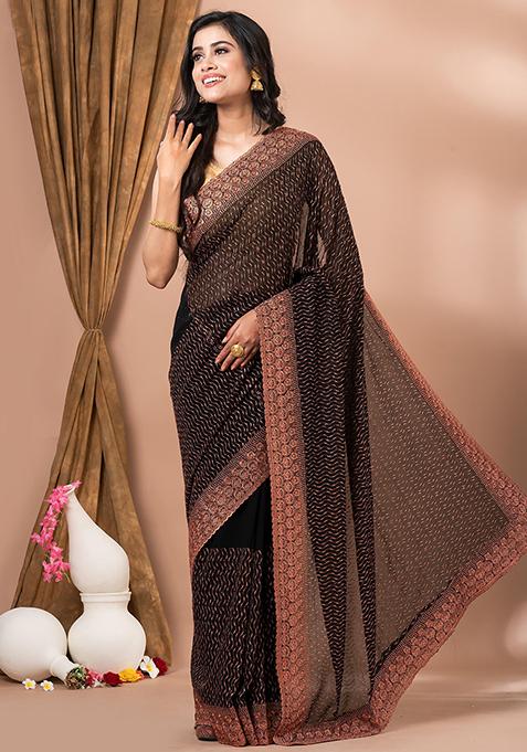 Black Embroidered Georgette Saree Set