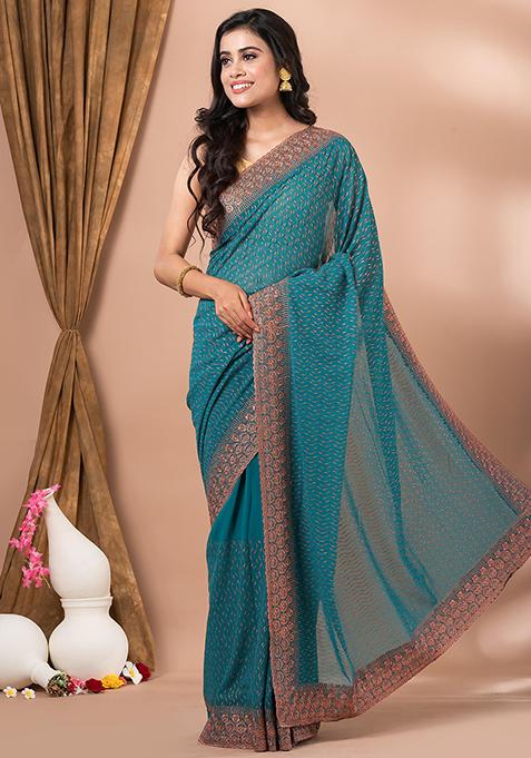 Firozi Embroidered Georgette Saree Set