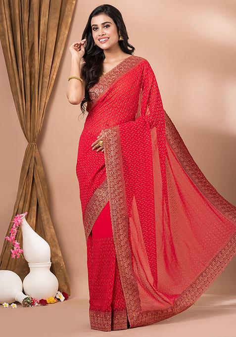 Pink Embroidered Georgette Saree Set