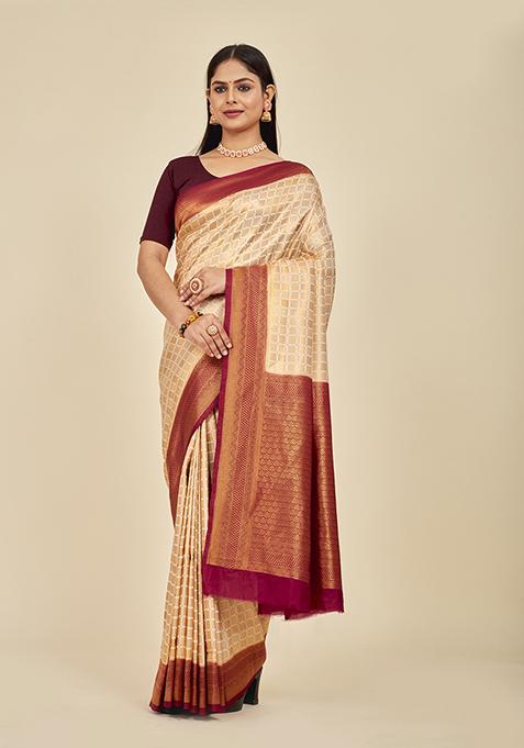 Wine Woven Pure Silk Saree Set