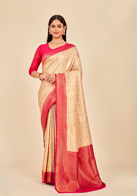 Pink Woven Pure Silk Saree Set