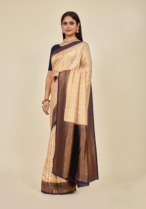 Navy Blue Woven Pure Silk Saree Set