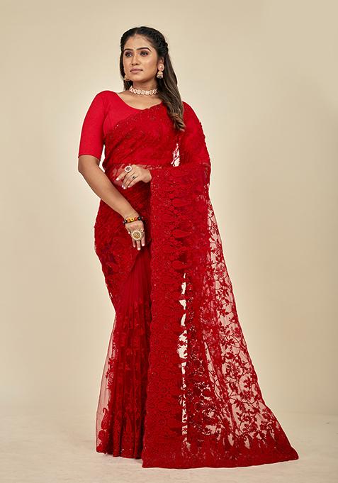 Red Embroidered Net Saree Set