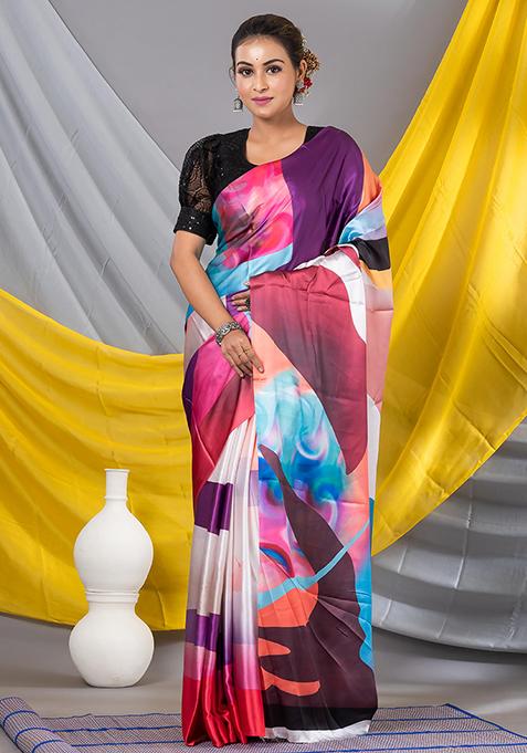 Multicolor Printed Satin Saree Set