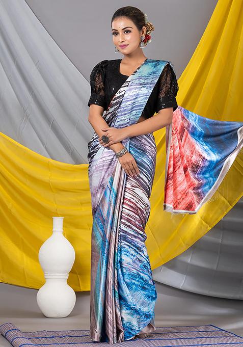 Multicolor Printed Satin Saree Set