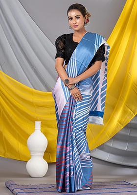 Multicolor Printed Satin Saree Set