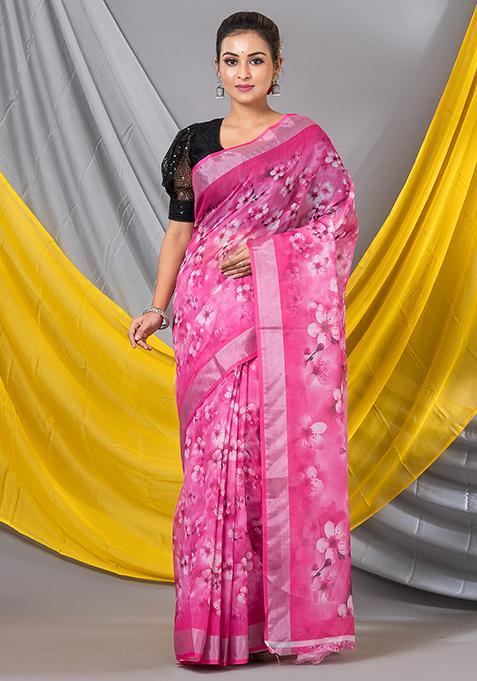 Pink Printed Cotton Saree Set