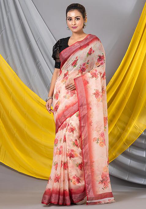 Orange Printed Cotton Saree Set