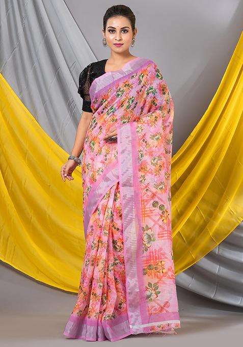 Light Pink Printed Cotton Saree Set