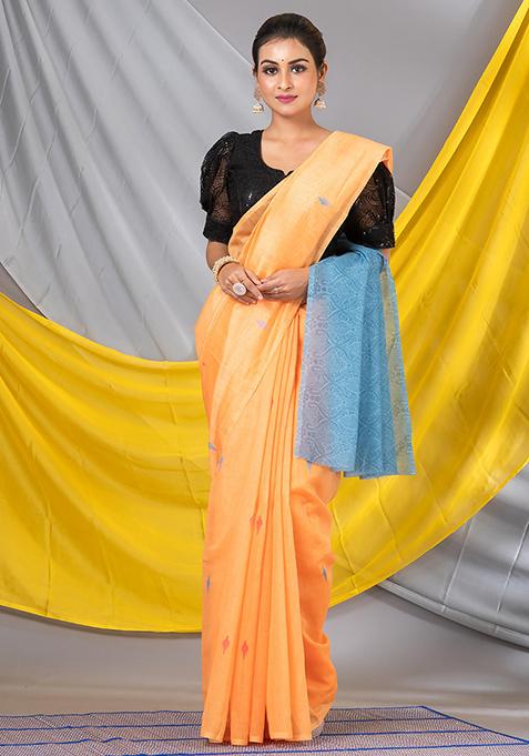 Yellow Printed Cotton Blend Saree Set