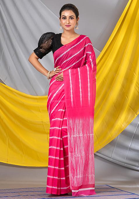 Pink Printed Cotton Blend Saree Set