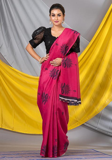 Magenta Printed Cotton Blend Saree Set