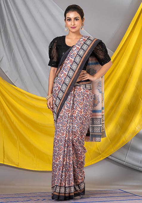 Multicolor Printed Cotton Blend Saree Set