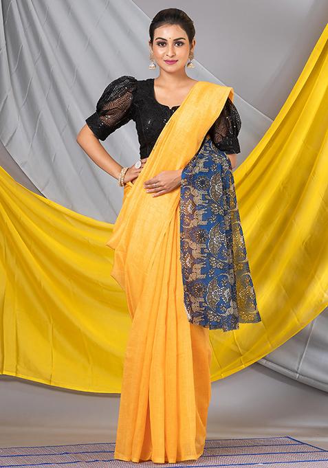 Yellow Printed Cotton Blend Saree Set