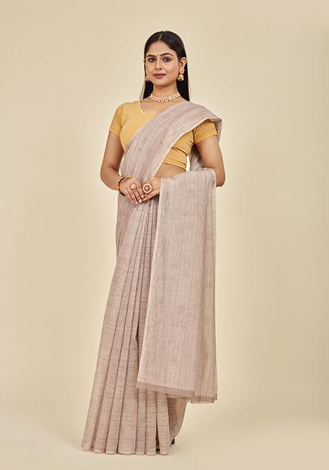 Beige Printed Cotton Blend Saree Set