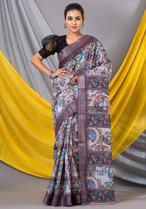 Multicolor Printed Cotton Saree Set