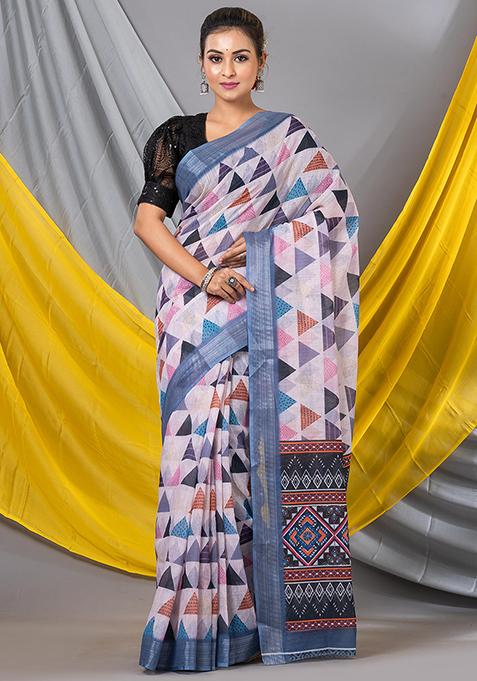 Multicolor Printed Cotton Saree Set