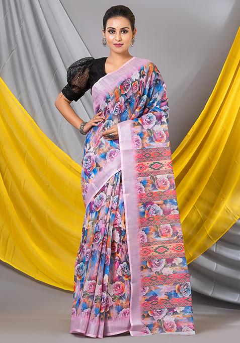 Multicolor Printed Cotton Saree Set