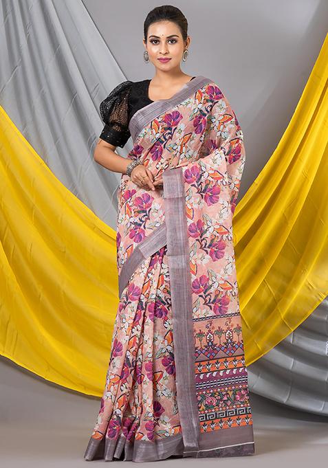 Multicolor Printed Cotton Saree Set