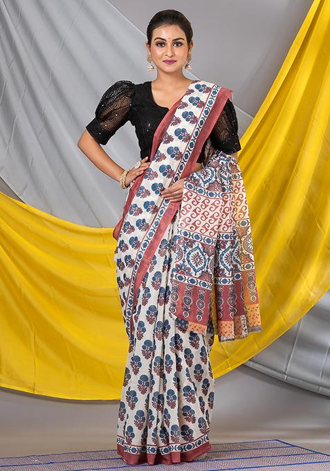 Multicolor Printed Cotton Saree Set