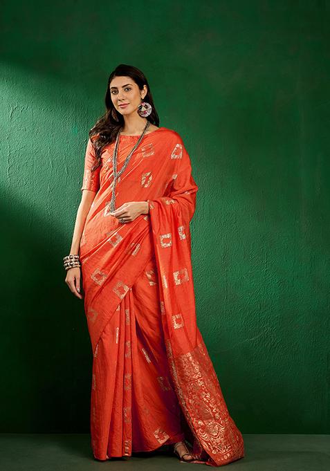 Orange Woven Staple Cotton Saree Set