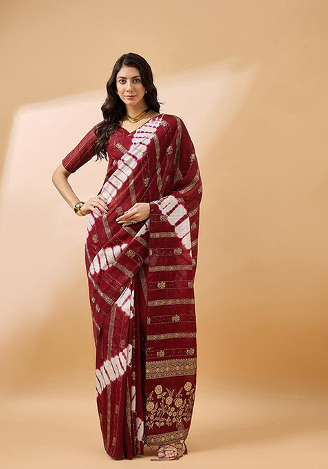 Maroon Woven Staple Cotton Saree Set