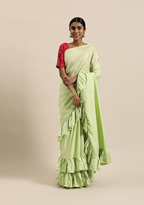 Green Solid Ruffled Silk Blend Saree Set