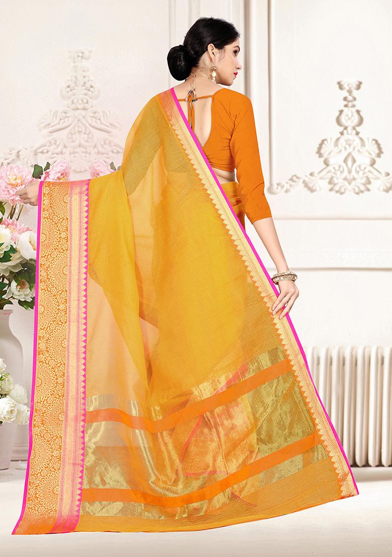 Yellow Zari Woven Cotton Silk Saree Set